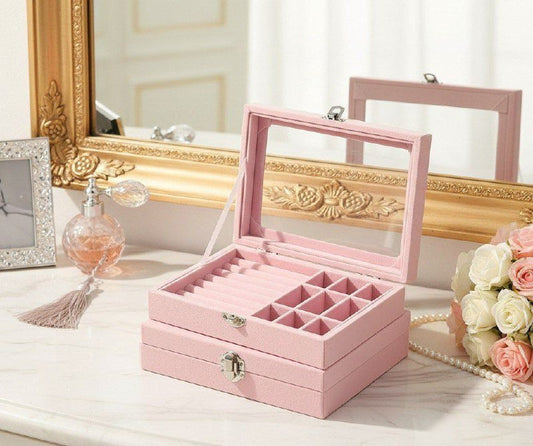 Velvet Jewellery Box / Jewellery Organiser Box / Velvet Clear Lid Jewelry Organizer